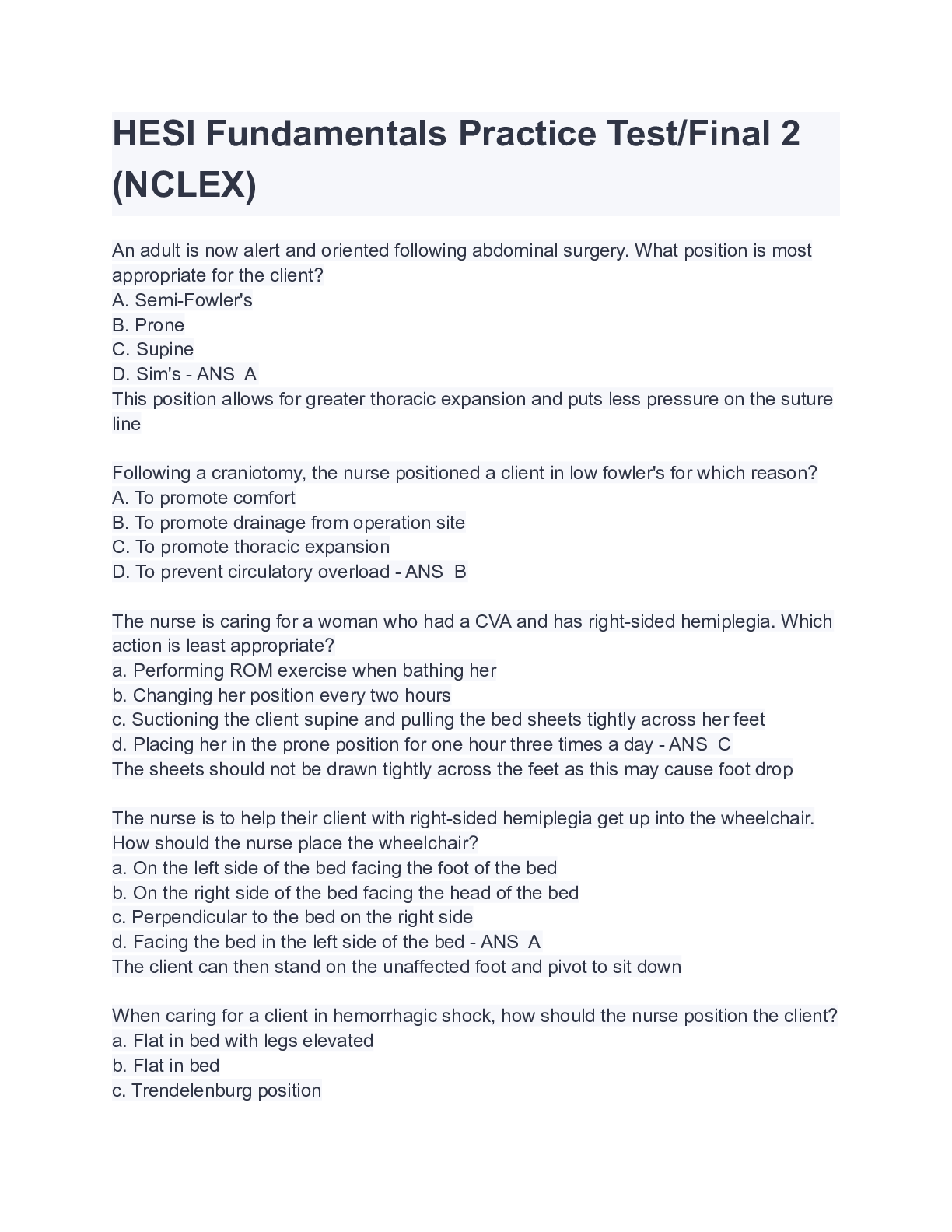 Preview image for Nursing_knowledge_Assessment_Practice_Exam Fundamentals Practice Test/Final 2 (NCLEX) ( A+ GRADED 100% VERIFIED) 2022